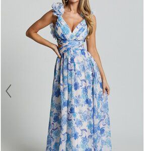 ZEITA MIDI DRESS - RUFFLE DETAIL STRAP CUT OUT DRESS IN BLUE AND WHITE PRINT